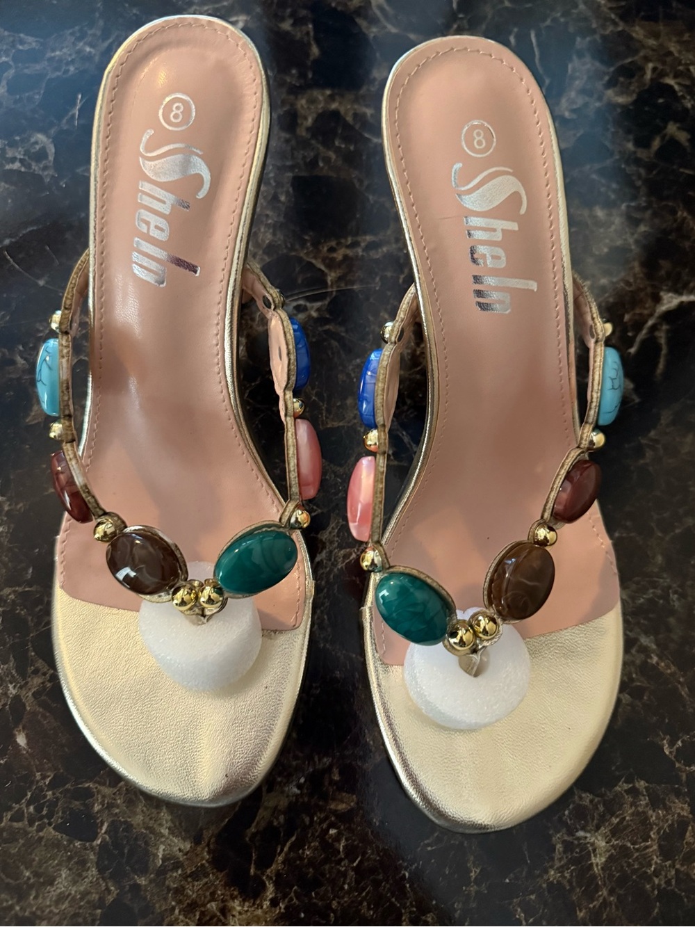 Gold Slide Mules with Multicolor Gem Accents